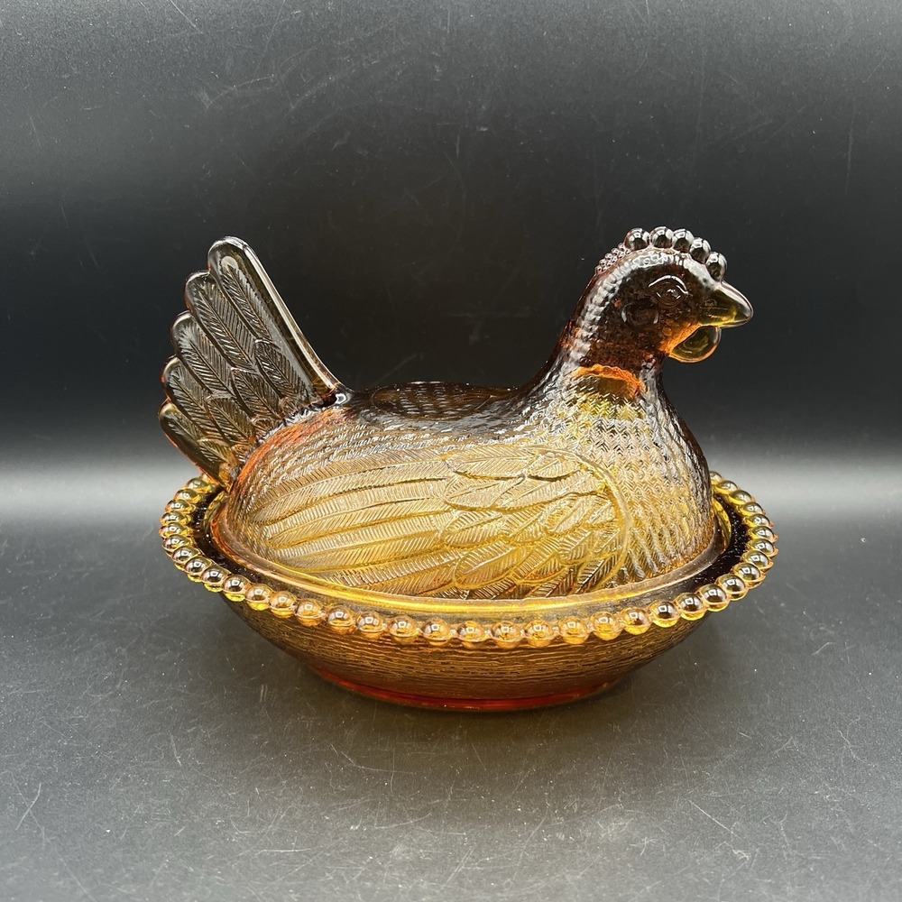 VTG HON Indiana Glass Hen On Nest Amber Candy Dish 7" Beaded Nest